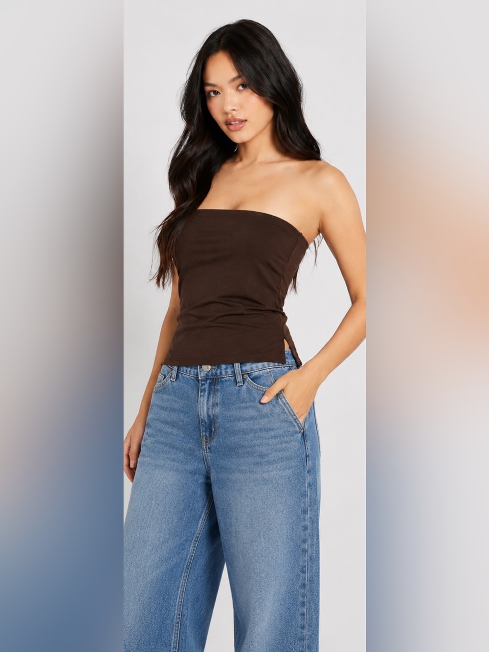 NWT Madden Girl Brown Strapless Tube Top Side Slit Stretch Knit Size Large